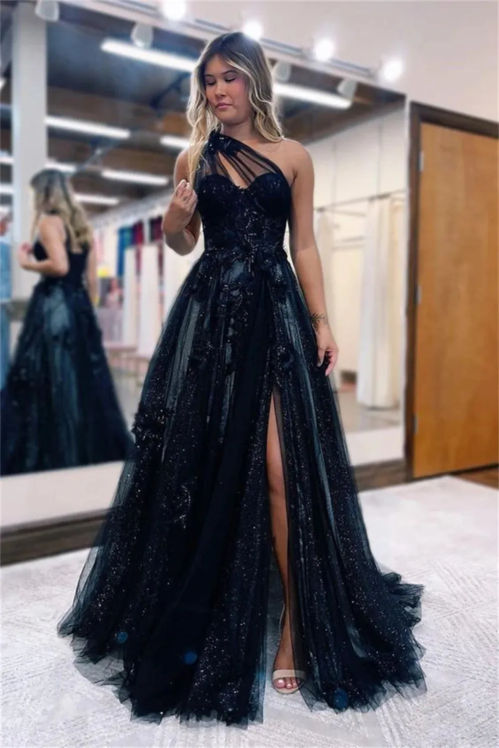Black One Shoulder A-line فساتين سهره فاخره Lace Embroidery Side Split Tulle فساتين السهرة Sweet Flower Prom Dresses - Image 9