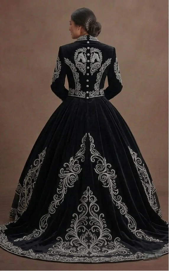 Black Quinceañera Dress - Charro Style Silver Embroidery - Image 3