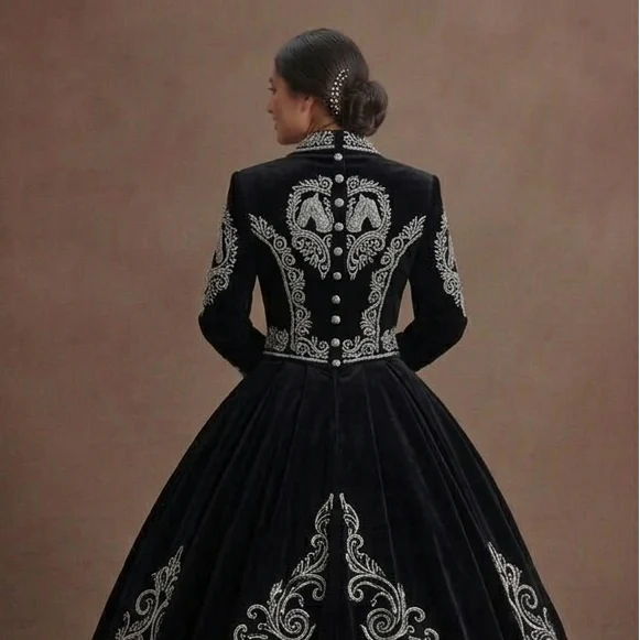 Black Quinceañera Dress - Charro Style Silver Embroidery - Image 5