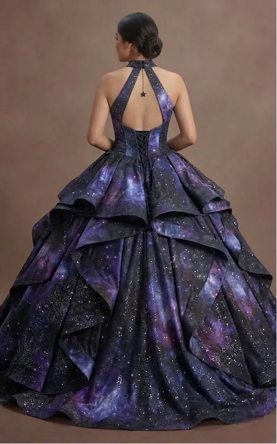 Black Quinceañera Dress - Galaxy Print Sparkle Fabric - Image 3