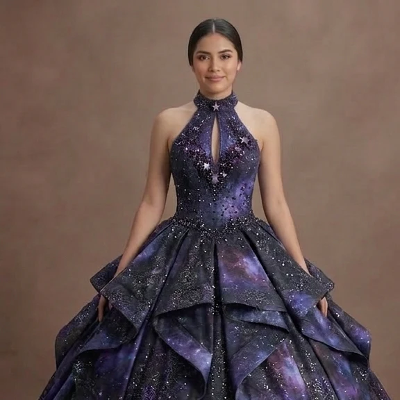 Black Quinceañera Dress - Galaxy Print Sparkle Fabric - Image 4