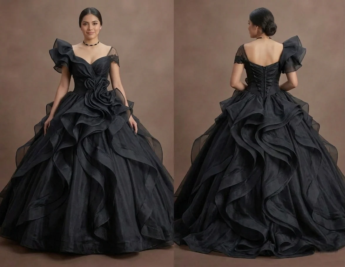 Black Quinceañera Dress - Midnight Black Organza Ruffles