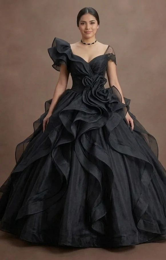 Black Quinceañera Dress - Midnight Black Organza Ruffles - Image 2