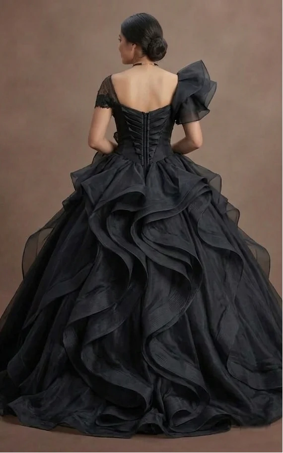 Black Quinceañera Dress - Midnight Black Organza Ruffles - Image 3