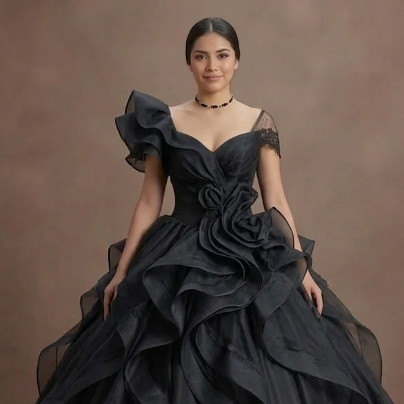 Black Quinceañera Dress - Midnight Black Organza Ruffles - Image 4