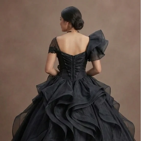 Black Quinceañera Dress - Midnight Black Organza Ruffles - Image 5