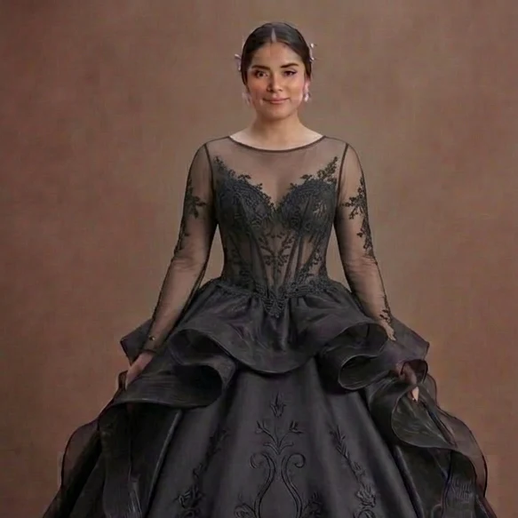 Black Quinceañera Dress - Sheer Sleeve Mesh Ball Gown - Image 4