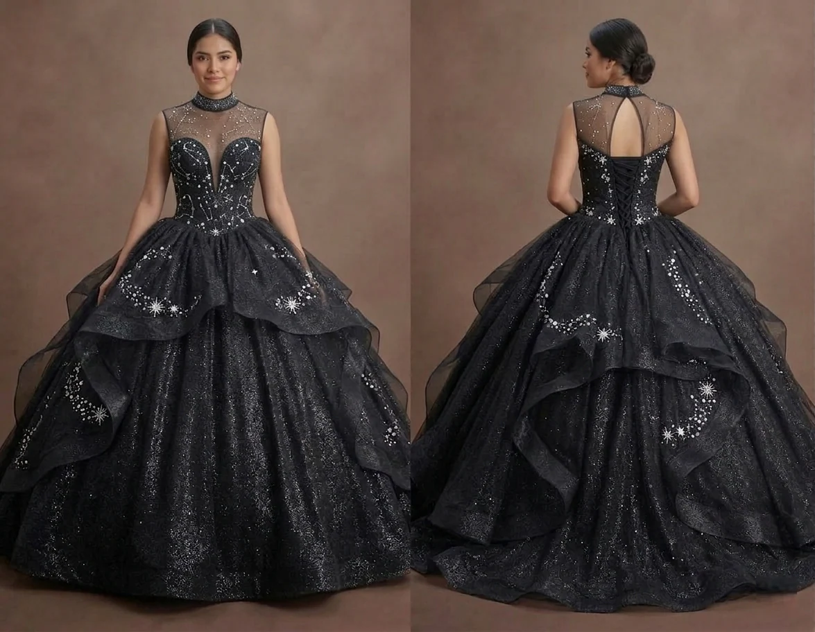 Black Quinceañera Dress - Starry Night Glitter Tulle