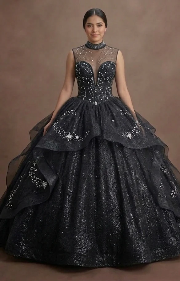 Black Quinceañera Dress - Starry Night Glitter Tulle - Image 2