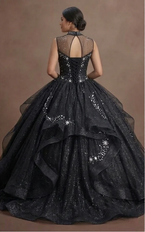 Black Quinceañera Dress - Starry Night Glitter Tulle - Image 3