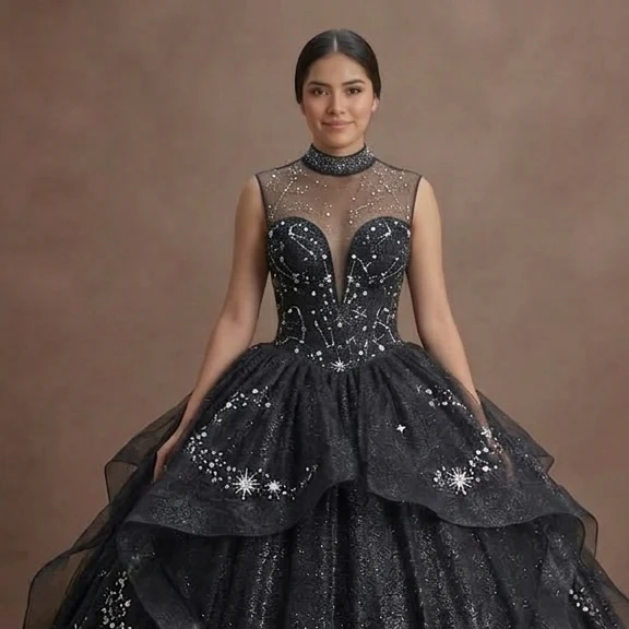 Black Quinceañera Dress - Starry Night Glitter Tulle - Image 4