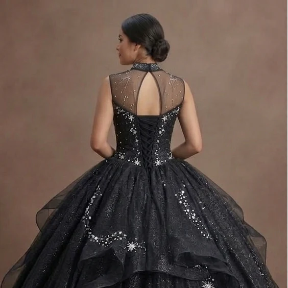 Black Quinceañera Dress - Starry Night Glitter Tulle - Image 5