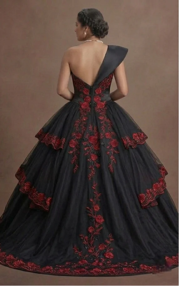 Black Quinceañera Dress - Tiered Tulle Dramatic Gown - Image 3