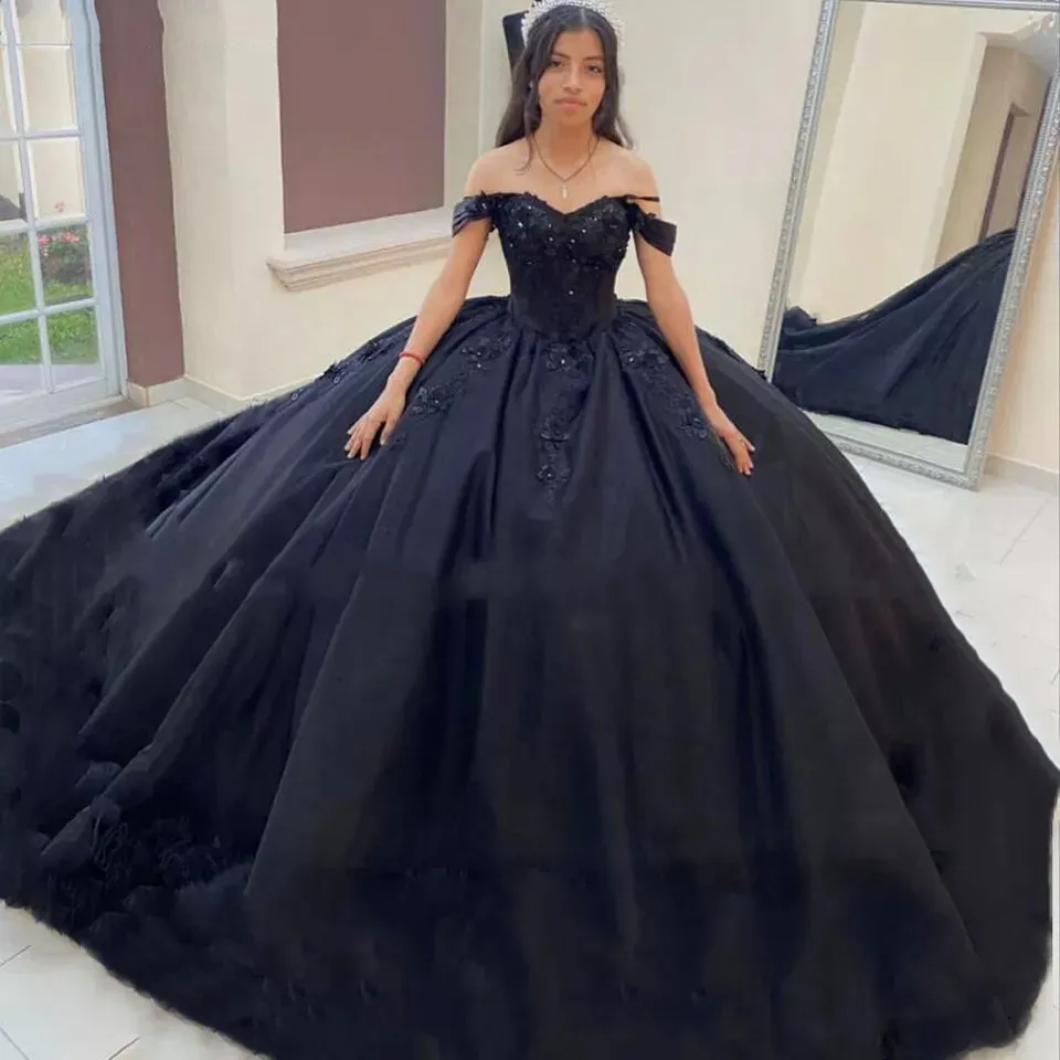 Black Quinceanera Dresses 3D Flower Beading Lace Ruffles Pleat Tulle Vestidos De 15 Anos Birthday Party Prom Corset - Image 3
