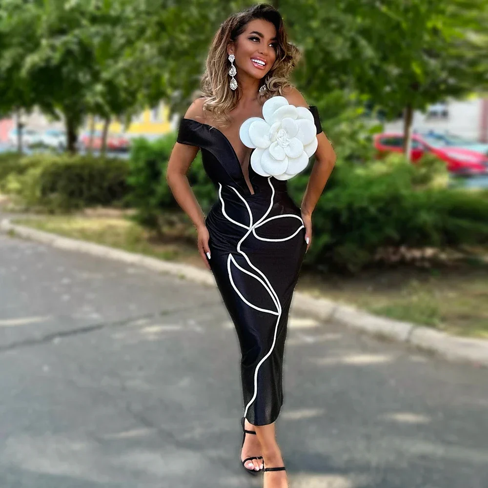 Black Red Color Women Sexy Strapless Big Flowers Bodycon Bandage Long Dress Celebrate Birthday Vacation Cocktail Dress Wholesale - Image 2
