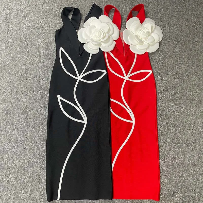 Black Red Color Women Sexy Strapless Big Flowers Bodycon Bandage Long Dress Celebrate Birthday Vacation Cocktail Dress Wholesale - Image 3