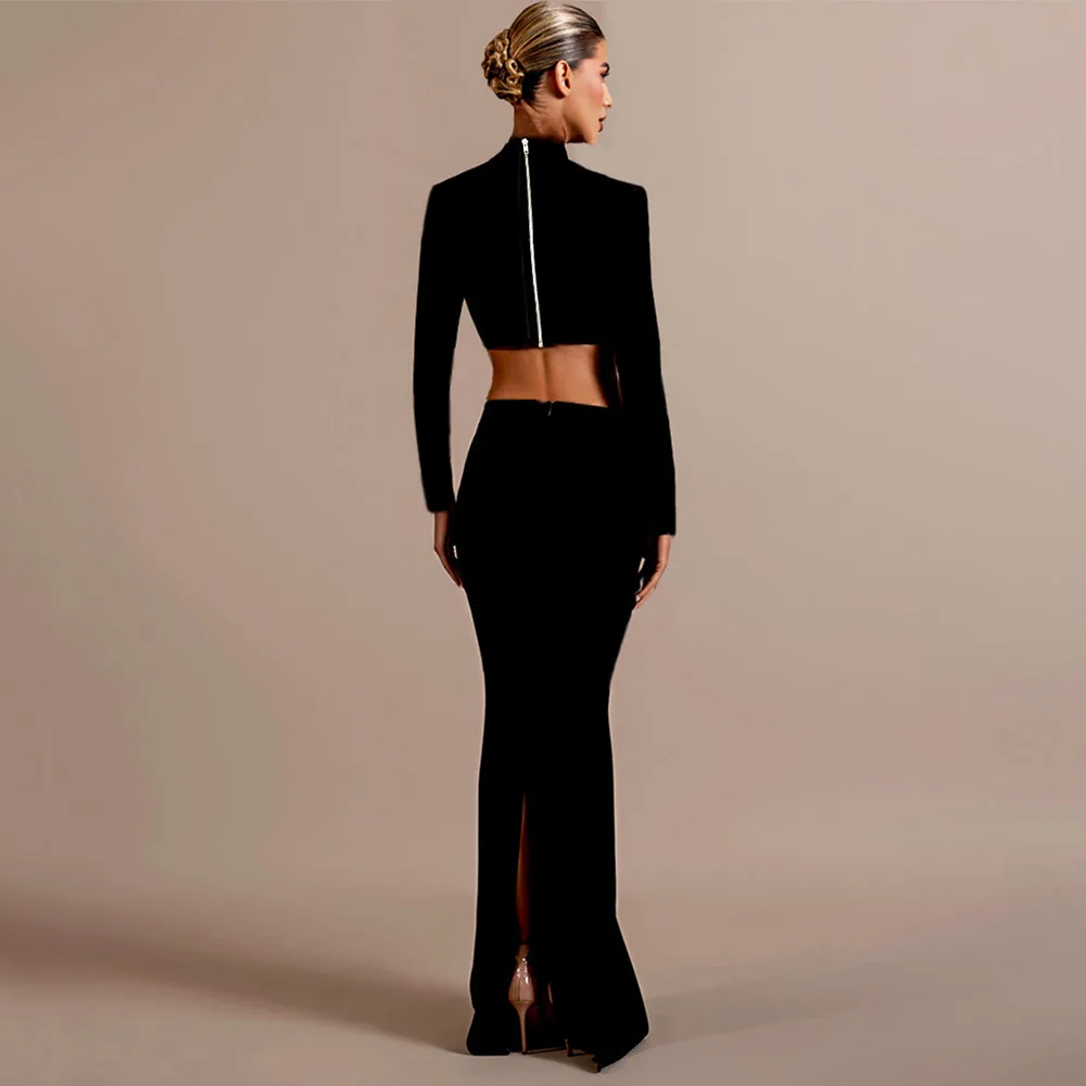 Black Red Women Long Sleeve Shinning Rhinestones 2 Pieces Bodycon Long Bandage Dress Elegant Evening Party Red Carpet Outfit - Image 3