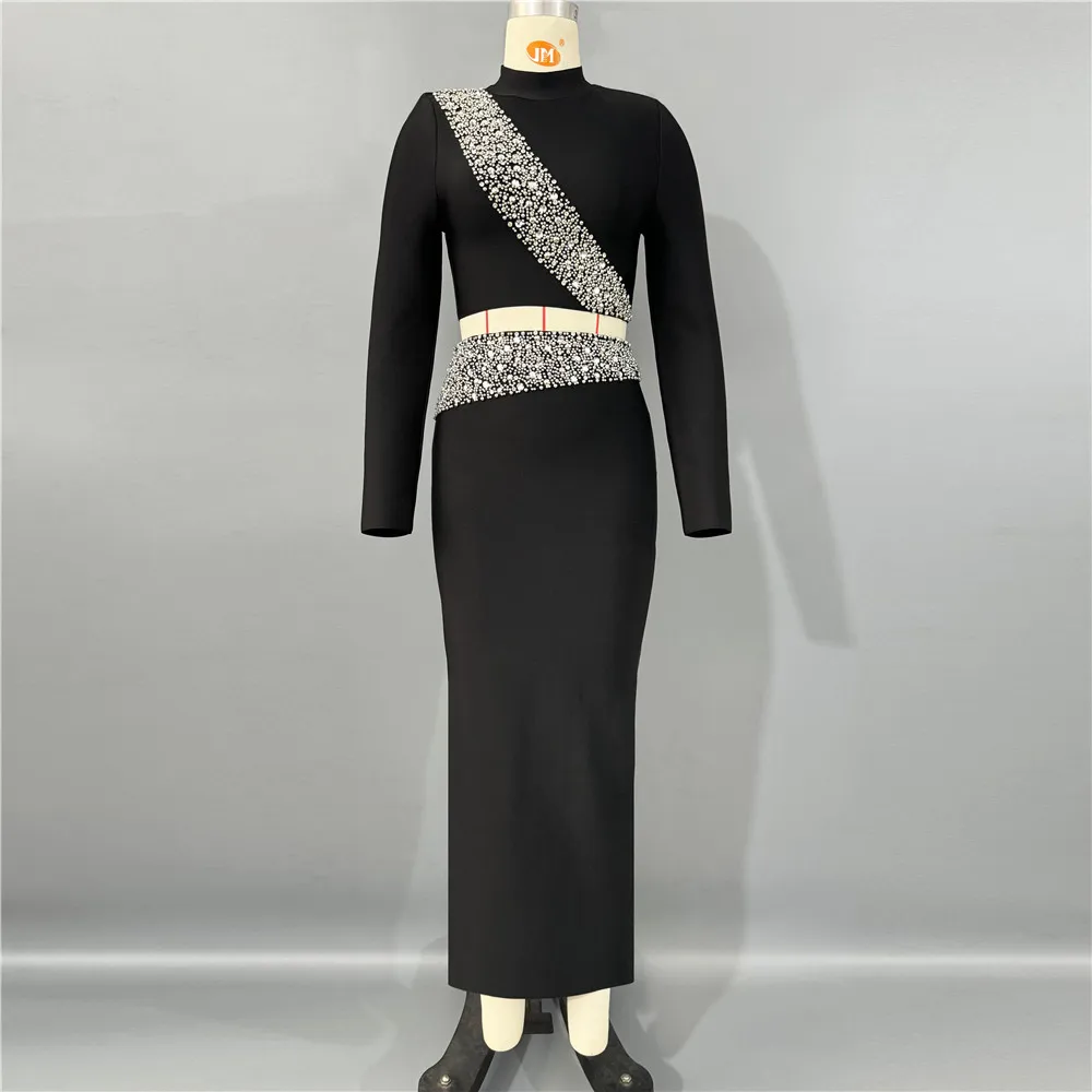 Black Red Women Long Sleeve Shinning Rhinestones 2 Pieces Bodycon Long Bandage Dress Elegant Evening Party Red Carpet Outfit - Image 4