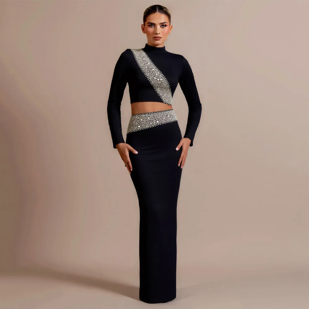 Black Red Women Long Sleeve Shinning Rhinestones 2 Pieces Bodycon Long Bandage Dress Elegant Evening Party Red Carpet Outfit - Image 6