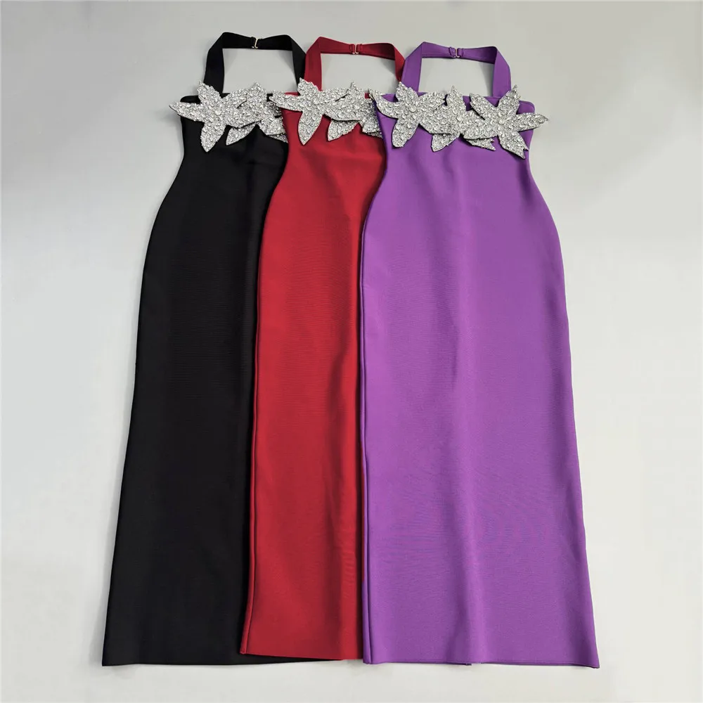 Black Red Women Sexy Halter Off the Shoulder Shinning Diamond Bodycon Long Bandage Dress Evening Party Celebrate Fashion Outfit - Image 6