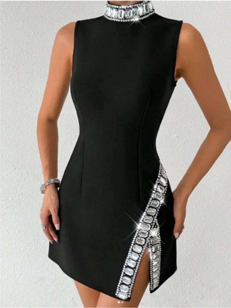 Black Red Women Sleeveless Sexy Big Crystal Sparkly Bodycon Mini Bandage Dress Celebrate Birthday Party Nightclub Outfit Vestido - Image 2