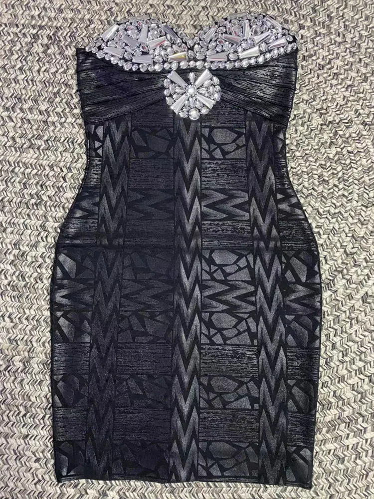 Black Silver Gold Foil Women Sexy Strapless Crystal Bodycon Mini Dress Rayon Bandage Fashion Nightclub Party Celebrate Dress