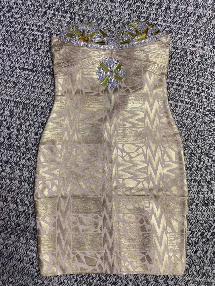 Black Silver Gold Foil Women Sexy Strapless Crystal Bodycon Mini Dress Rayon Bandage Fashion Nightclub Party Celebrate Dress - Image 5