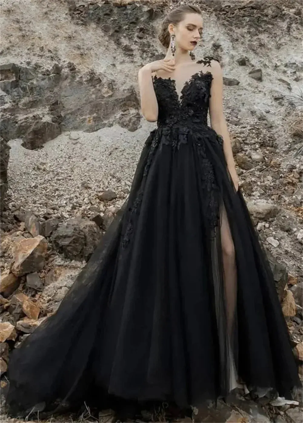Black Sleeveless A-line Prom Dress Gothic Side Split Vestidos De Noche 3D Lace Embroidery Prom Dress Black Wedding Dress - Image 3