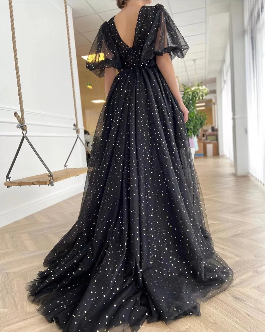 Black Starry Tulle Prom Dresses Half Puff Sleeves Wedding Party Dresses Pleats Split Sweep Train Long Prom Gowns Belt - Image 4