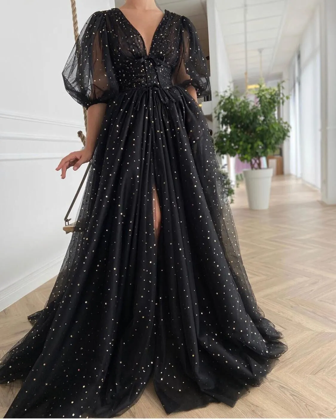 Black Starry Tulle Prom Dresses Half Puff Sleeves Wedding Party Dresses Pleats Split Sweep Train Long Prom Gowns Belt - Image 5