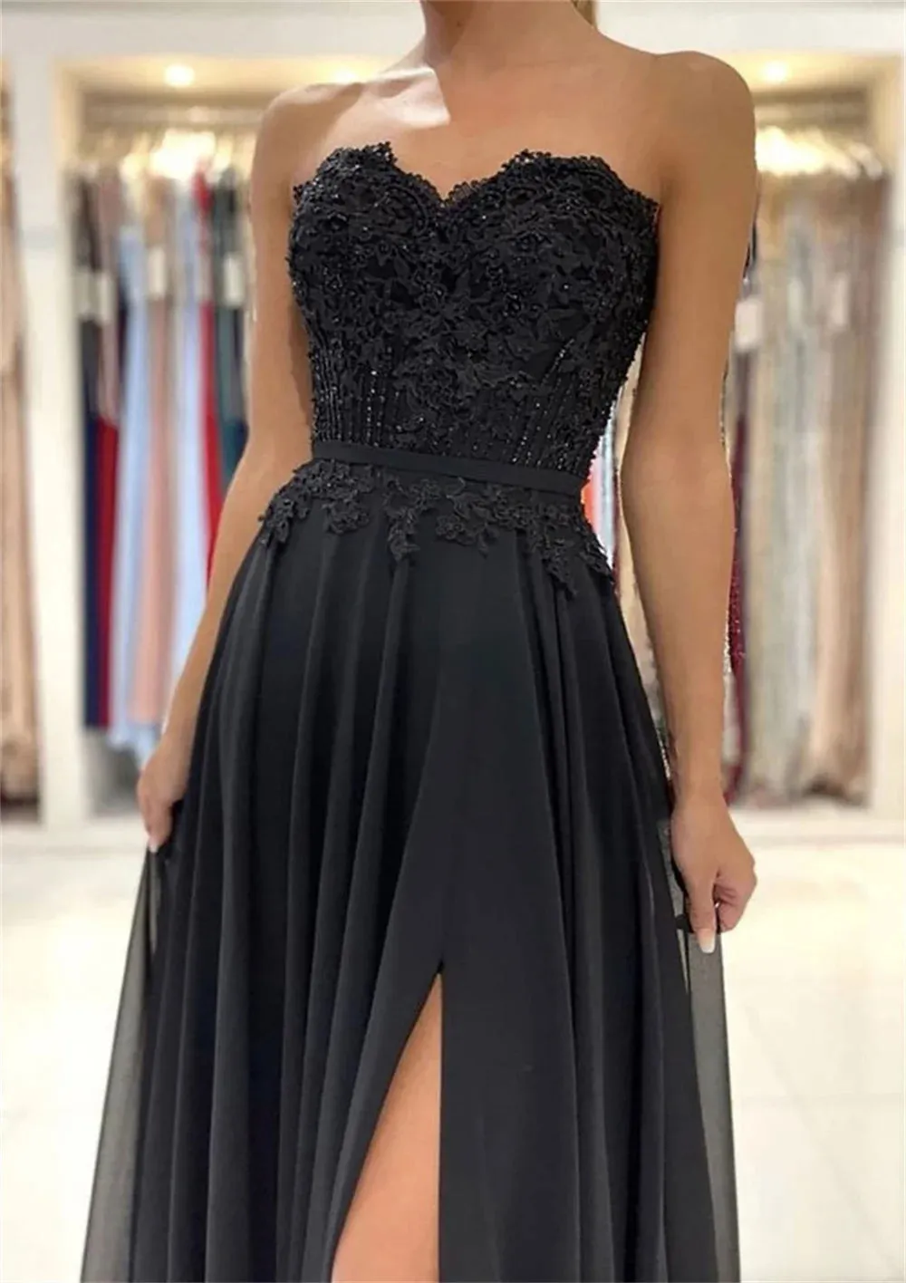 Black Tulle Prom Dresses Strapless A-line Wedding Dress Elegant Sleeveless Sexy Side High Split Vestidos De Fiesta - Image 3