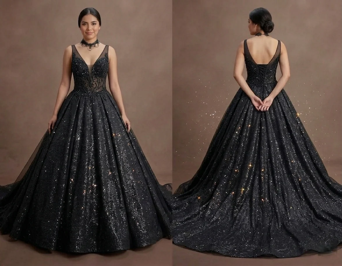 Black Wedding Dress Glitter Tulle Dramatic Bridal Entrance