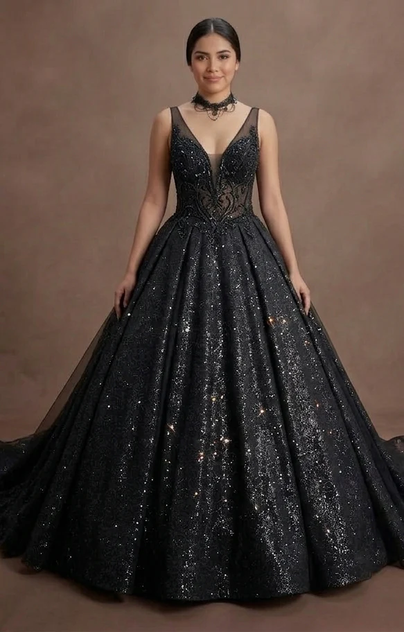 Black Wedding Dress Glitter Tulle Dramatic Bridal Entrance - Image 2