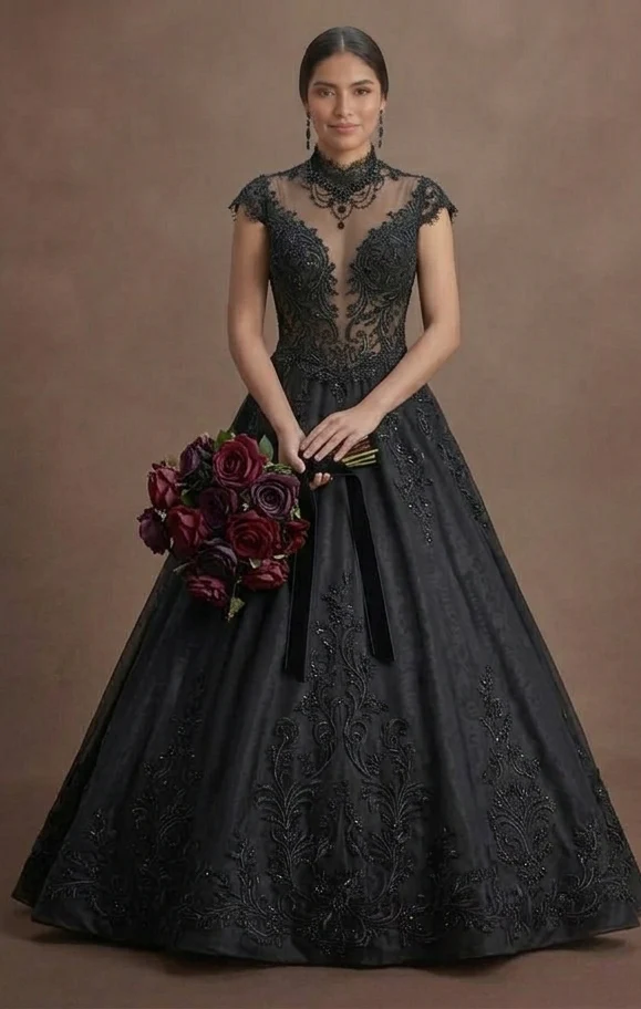 Black Wedding Dress Lace Appliqué Romantic Gothic Wedding - Image 2
