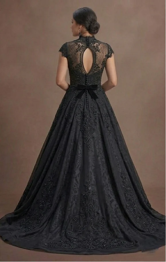 Black Wedding Dress Lace Appliqué Romantic Gothic Wedding - Image 3