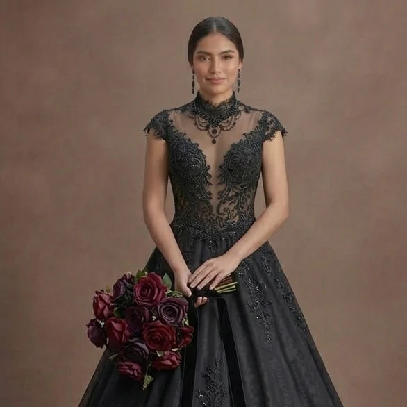 Black Wedding Dress Lace Appliqué Romantic Gothic Wedding - Image 4