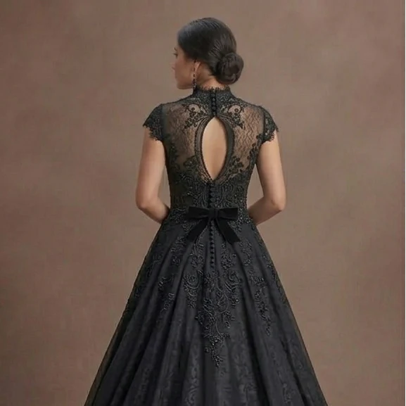 Black Wedding Dress Lace Appliqué Romantic Gothic Wedding - Image 5