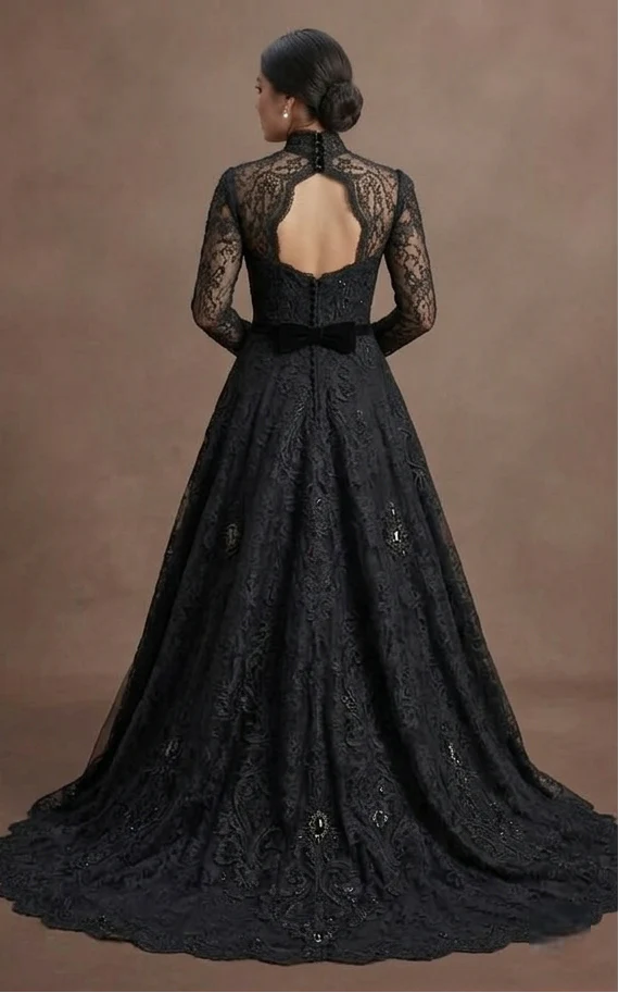 Black Wedding Dress Lace Long Sleeve Vintage Wedding - Image 3