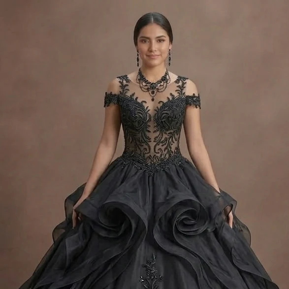 Black Wedding Dress Organza Princess Ball Formal Reception - Image 4