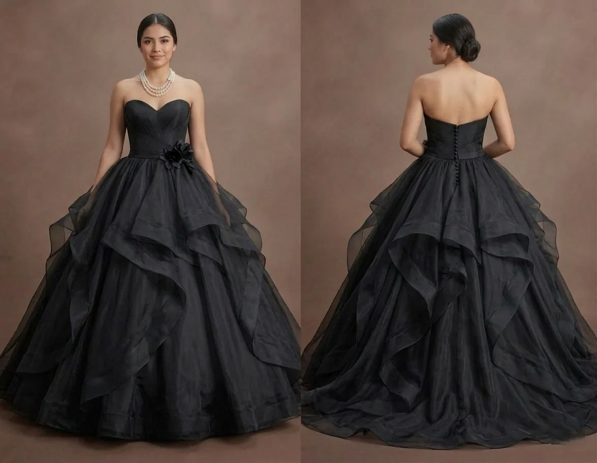 Black Wedding Dress Organza Strapless Elegant Ballroom