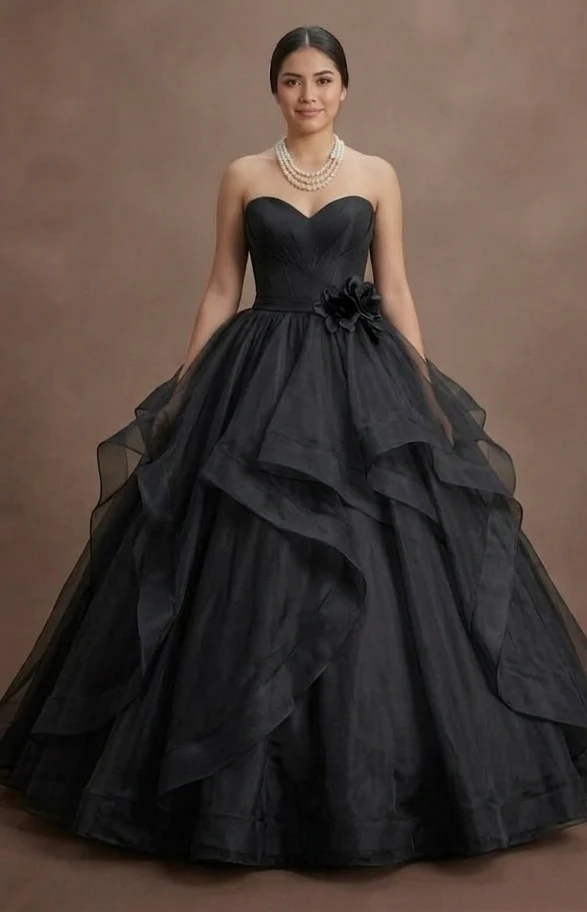 Black Wedding Dress Organza Strapless Elegant Ballroom - Image 2
