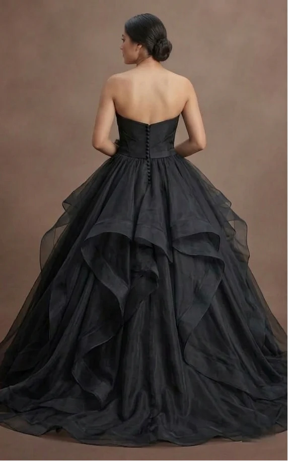 Black Wedding Dress Organza Strapless Elegant Ballroom - Image 3