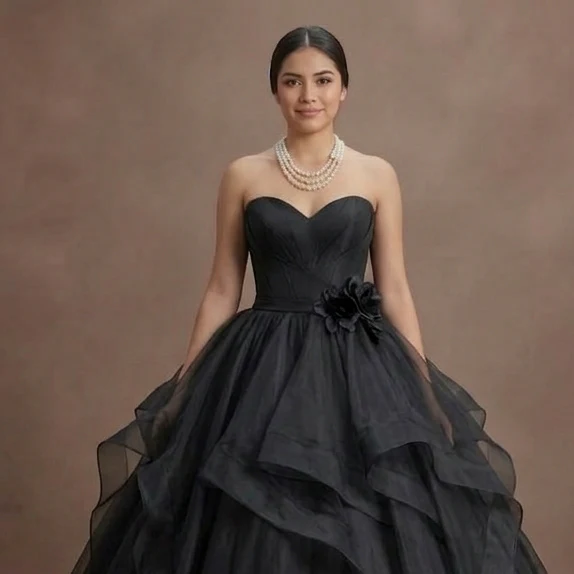 Black Wedding Dress Organza Strapless Elegant Ballroom - Image 4