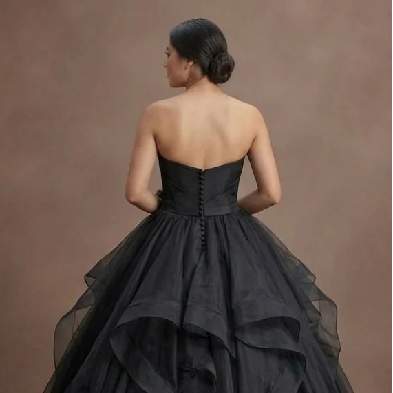 Black Wedding Dress Organza Strapless Elegant Ballroom - Image 5