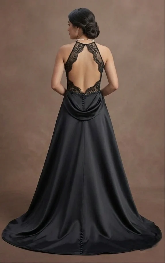 Black Wedding Dress Satin A-Line Elegant Ceremony - Image 3