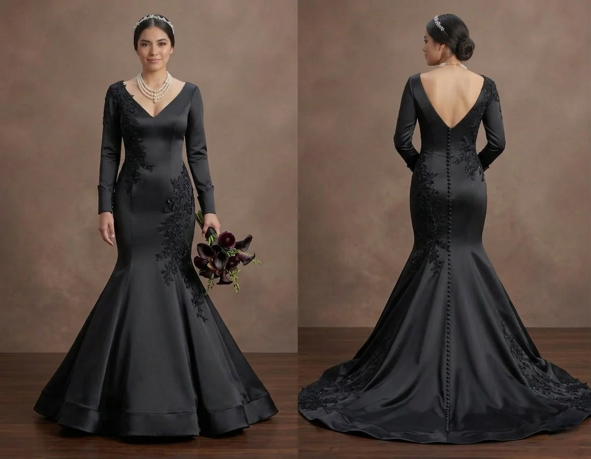 Black Wedding Dress Satin Mermaid Chic Modern Bride