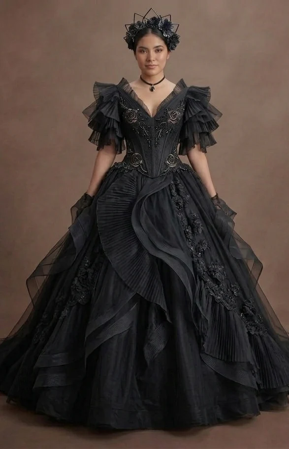 Black Wedding Dress Tulle Ball Gown Dramatic Bridal - Image 2