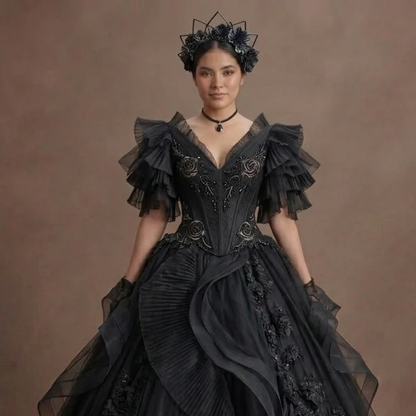 Black Wedding Dress Tulle Ball Gown Dramatic Bridal - Image 4