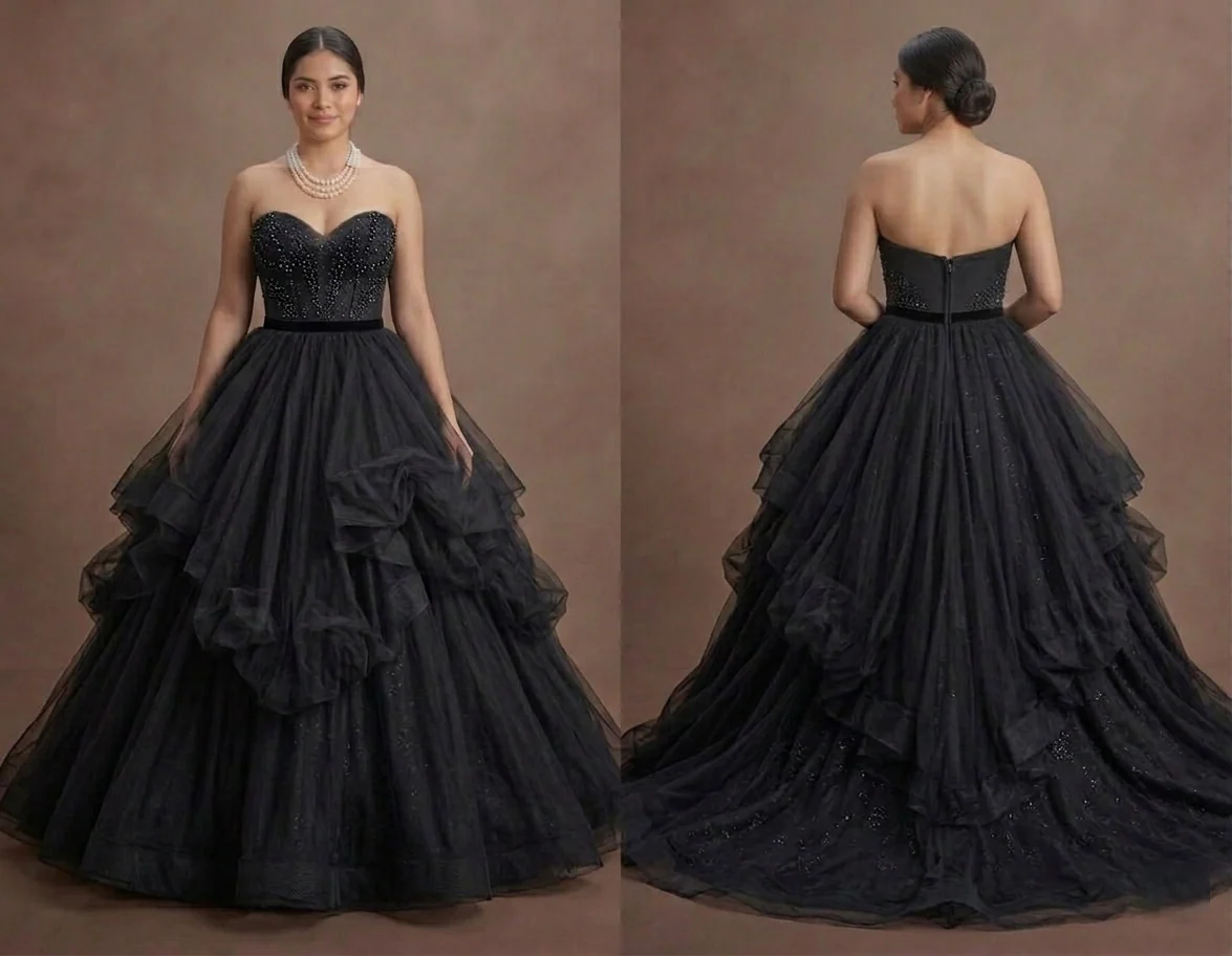Black Wedding Dress Tulle Layered Princess Wedding