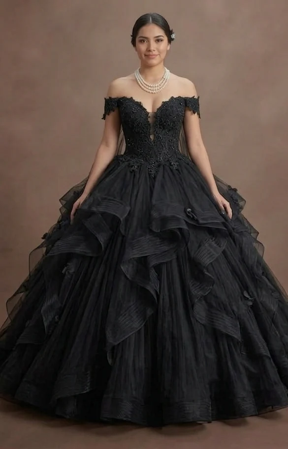 Black Wedding Dress Tulle Off Shoulder Fairytale Bridal - Image 2